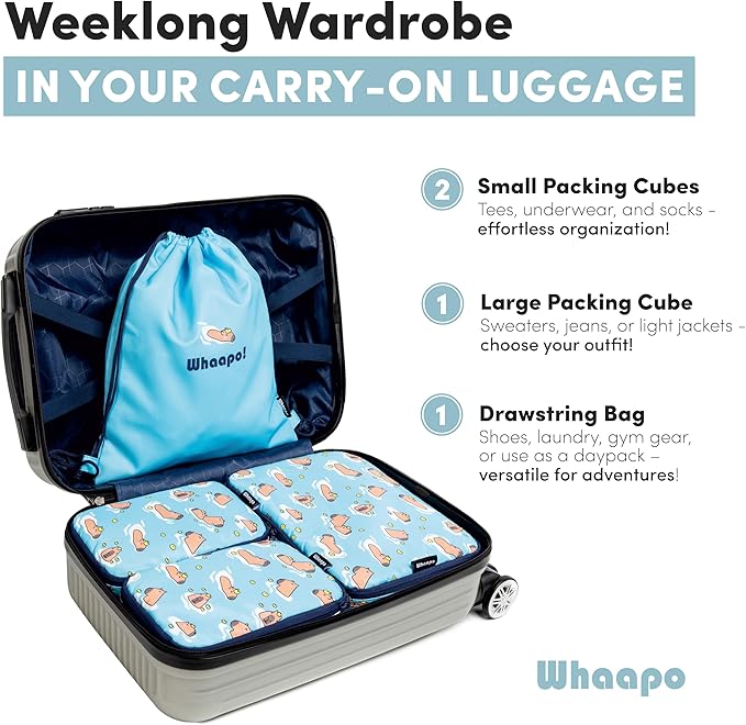 4 Pieces Capybara Cute Packing Cubes - Travel Organizer - Suitcase Organizers for Carry On Luggage - Kids And Diaper Bag - Fun Accessories - Drawstring Laundry Bag