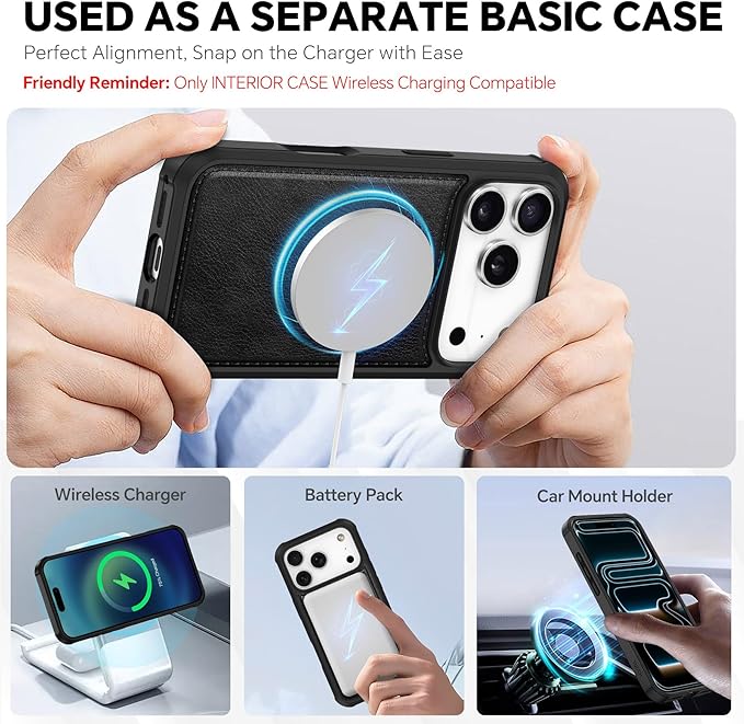 TUCCH Detachable Case Wallet for iPhone 17 Pro (6.3") 2025, Removable Wrist Strap, Wireless Charging, Stand, 4 Card Slots RFID Blocking, 2-in-1 Magnetic, PU Leather, Shockproof Cover, Textured Black