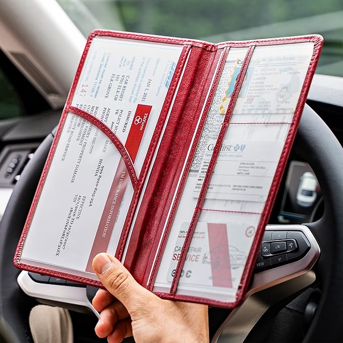 CANOPUS Car Registration and Insurance Holder, PU Leather Card Holder, Vehicle Glove Box Organizer for Auto, SUV, Truck, Red