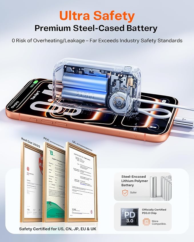 TORRAS EasyGo 3-in-1 Portable Charger Power Bank with Wall Plug & Retractable USB-C Cable, Fast Charging 10000mAh Battery Pack for iPhone 17/16/15, Samsung, Laptop, MacBook - Travel Essential