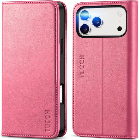 TUCCH Case Wallet for iPhone 17 Pro Max (6.9-Inch) 2025, [3 Card Slots] Kickstand [RFID Blocking] PU Leather Case, Flip Folio Cover with [TPU Shockproof Interior Shell], Hot Pink
