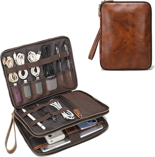 LANNSYNE Full Grain Leather Travel Cable Accessories Bag, Electronic Organizer Carry Case Double Layer Storage Case for Cables, Charger, Phone, Power Bank