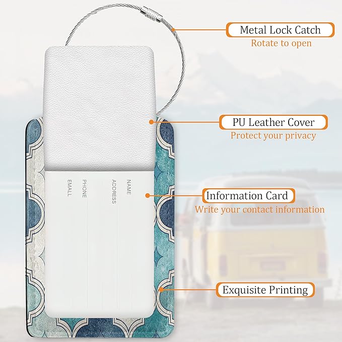 Blue Tiles Luggage Tags for Suitcase 3 Pack, Leather Bag Tags Identifiers with Privacy Name Address Labels and Durable Steel Loop for Men Women Backpack