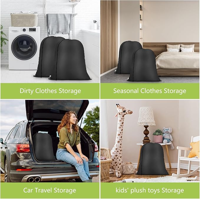 OTraki 20 x 24 inch Laundry Bag 2 Pack Travel Laundry Bags Medium Washable Dirty Clothes Bag Organizer with Drawstring Closure for Camp Home College Dorm Fit Laundry Hamper or Basket Black