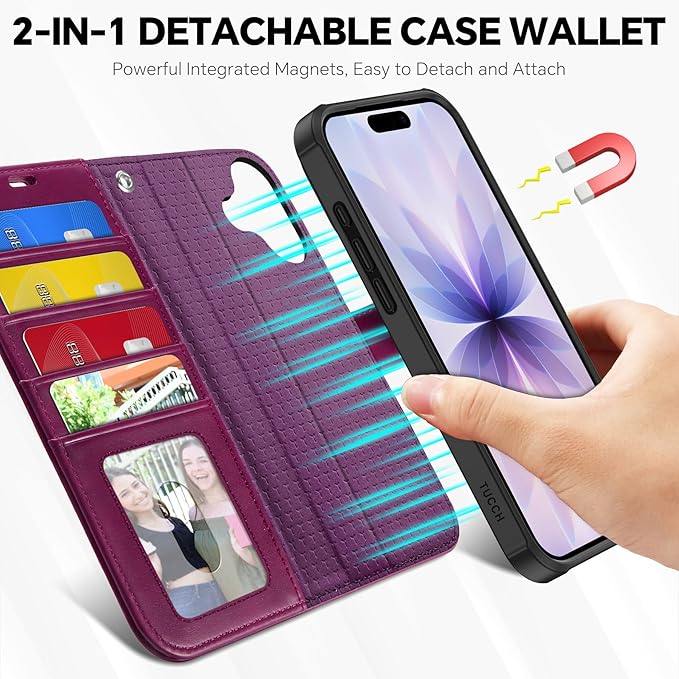 TUCCH Detachable Case Wallet for iPhone 17 (6.3") 2025, Wrist Strap | 4 Card Slots RFID Blocking | Wireless Charging | Stand | 2-in-1 Magnetic | PU Leather | Shockproof Folio Cover | Plum Purple