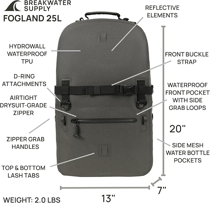 Breakwater Supply™ Waterproof IP68 Submersible Backpack with Airtight Zippers | Laptop Travel Outdoors | Fogland 25L 20L 15L