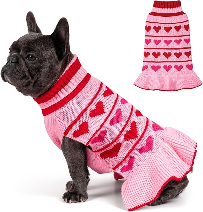 KYEESE Valentines Dog Sweater, Stretchy Small Dogs Sweater, Soft Turtleneck Dog Sweaters for Small Dogs, Warm Pet Sweaters Dress with Heart Print, Comfy Pet Clothes Coat with Leash Hole, XL