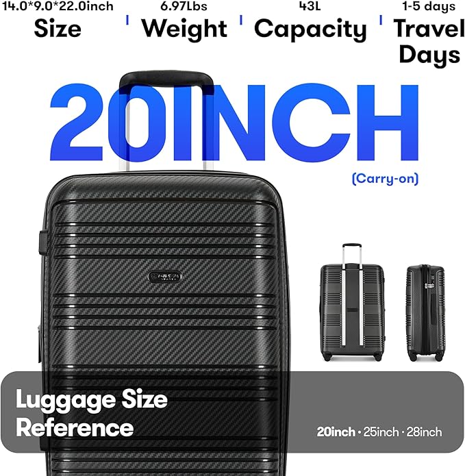 GinzaTravel 20 Inch Carry on Luggage 22x14x9 Airline Approved Hardside Suitcase with Spinner Wheels TSA Lock, 20-Inch, Black