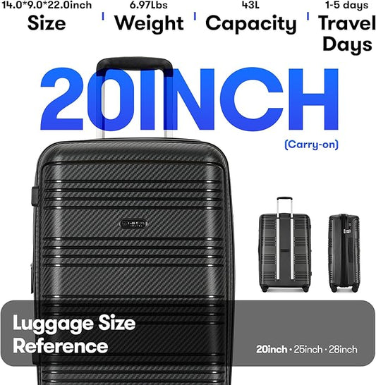 GinzaTravel 20 Inch Carry on Luggage 22x14x9 Airline Approved Hardside Suitcase with Spinner Wheels TSA Lock, 20-Inch, Black