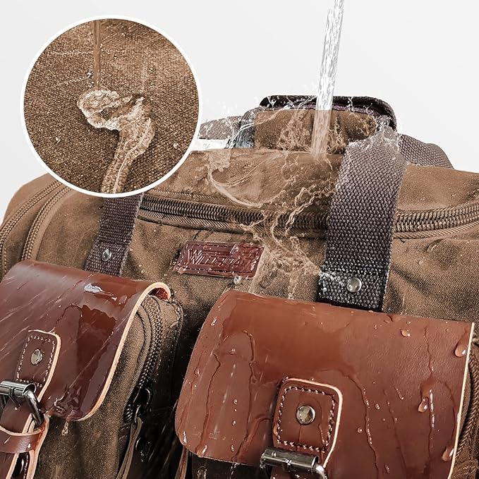 Wildroad Waxed Canvas Duffle Bag - 60L Waterproof Genuine Leather Weekender Overnight Travel Hand Bag
