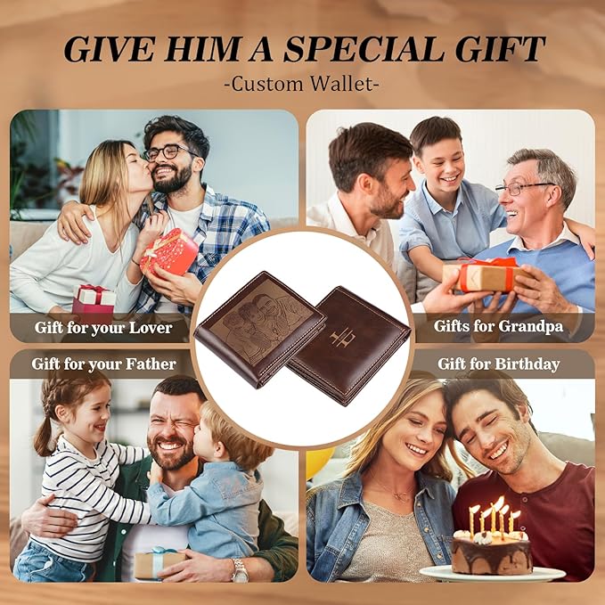 Customized RFID Blocking Wallet for Men Personalized Wallets for Men with Photo Name Leather Mens Wallet for Dad Boyfriend Grandpa Husband Bithday Gift