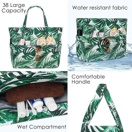 KABAQOO Extra Large Beach Bag Waterproof Sandproof Women Beach Tote with Zipper & Wet Compartment for Pool Gym Grocery Travel