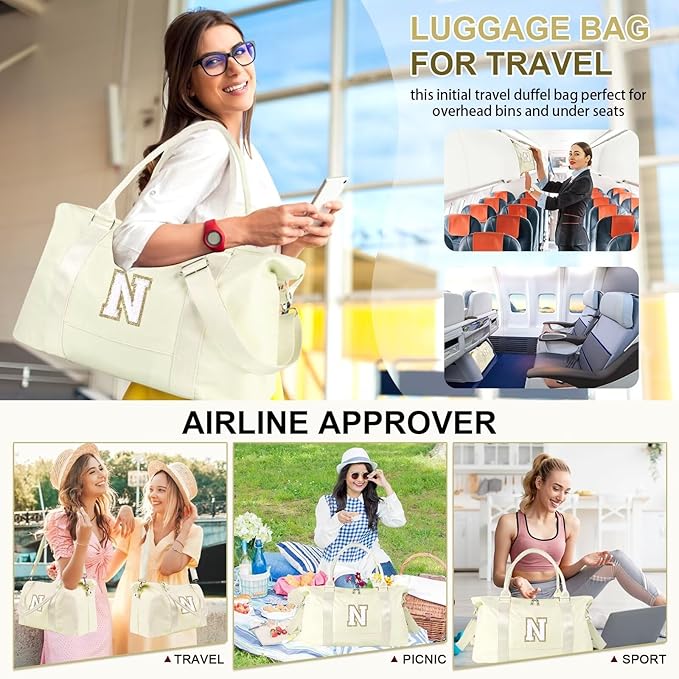 Dance Gym Duffel Bag for Teen Girls, Personalized Initial Travel Weekender Bag,Cute Overnight Carry On Duffle for Women,Sports Travel Cheer Bag,Monogram Christmas Gifts for Tween Preppy(beige-N)