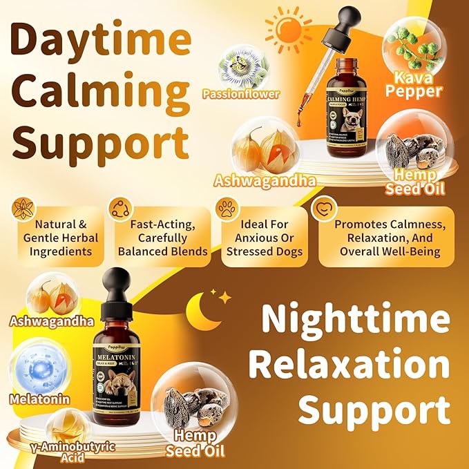 Dog Calming & Melatonin Drops, Day & Night Calm Support Set, Anxiety & Stress Support Calming Treat, Enhance Calmness & Sleep for Separation, Travel, Fireworks & Thunder, Bacon Flavor, 2 FL.Oz