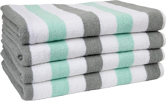 Arkwright Cabo Cabana Stripe Beach Towel Bulk - Case of 24 - Large Soft Quick Dry Cotton Terry Towels for Pool, Swim, and Hot Tub, Oversized 30 x 70 in, Grey/Mint