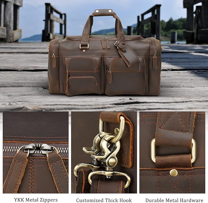 Polare 23" Leather Duffel Weekender Travel Bag For Men With Full Grain Cowhide Leather 42L