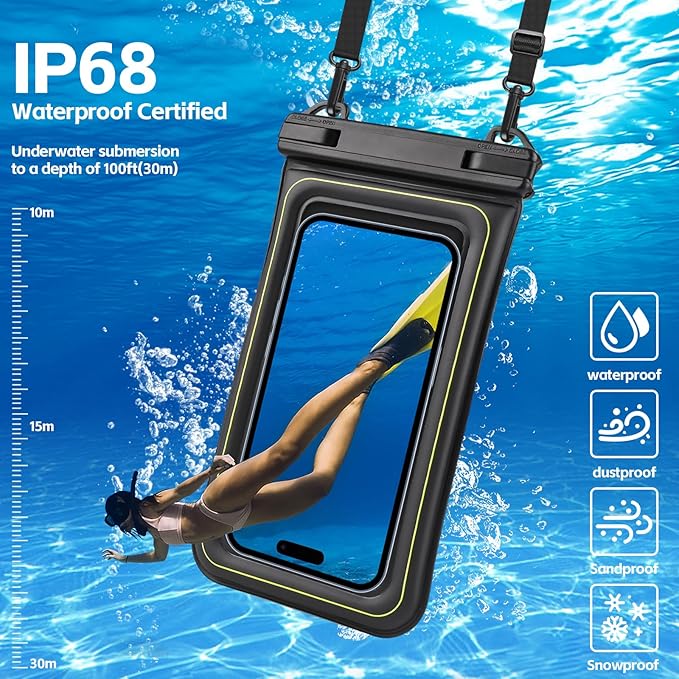 IP68 Waterproof Phone Pouch Up to 6.8", Floating Waterproof Phone Case for iPhone 15 14 13 Pro Max, Galaxy S24 S23 S22 Ultra, Cellphone Dry Bag Cruise Beach Essential, Black