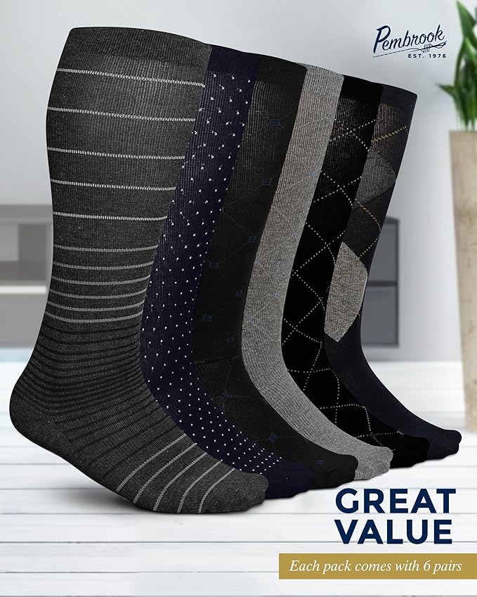 Pembrook Light Compression Socks for Men - 6 Pairs | 8-15 mmHg Graduated Compression Socks for Men 9-12 | Support Socks