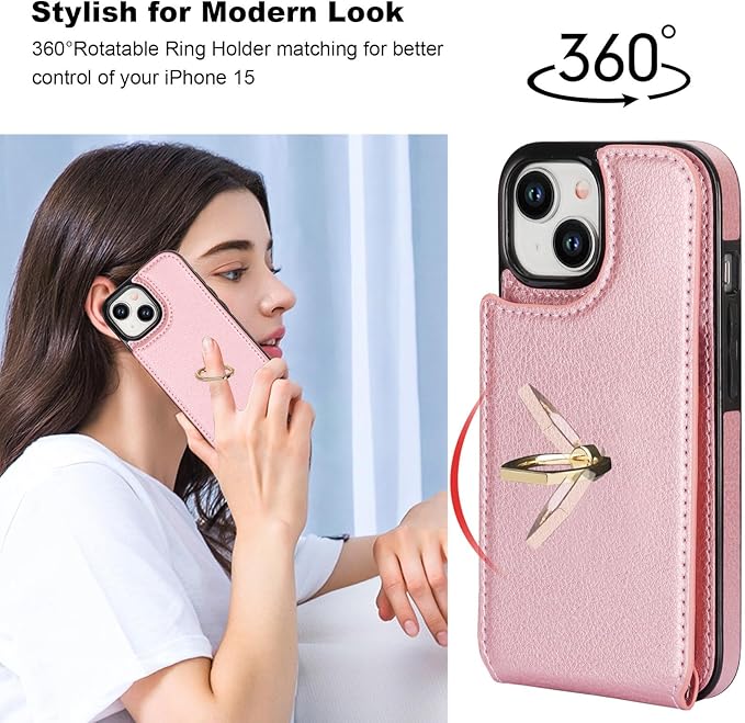 Folosu Compatible with iPhone 15 Case Wallet with Card Holder, 360°Rotation Finger Ring Holder Kickstand, RFID Blocking Leather Protective Double Buttons Shockproof Cover 6.1 Inch Rose Gold