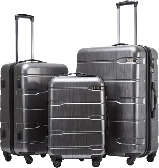 Coolife 3-Piece Luggage Set with Expandable 28-Inch Suitcase, PC+ABS Spinner (20/24/28 Inch, Charcoal)