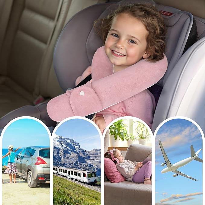 Kids Travel Neck Pillow, Comfortable Head & Chin Support for Car seat & Airplane, Toddler Pillow for Sleeping on Road Trip, Gifts for Child (Pink & Beige)