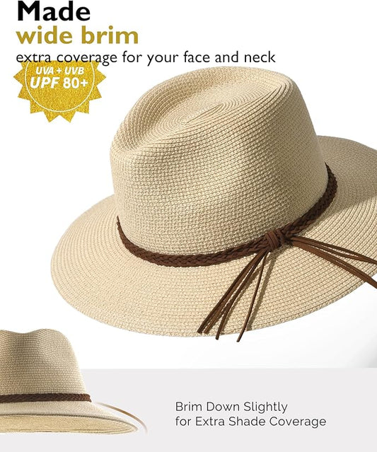 FURTALK Sun Hats for Women Summer Wide Brim UV UPF 80+ Panama Fedora Foldable Packable Straw Beach Hat