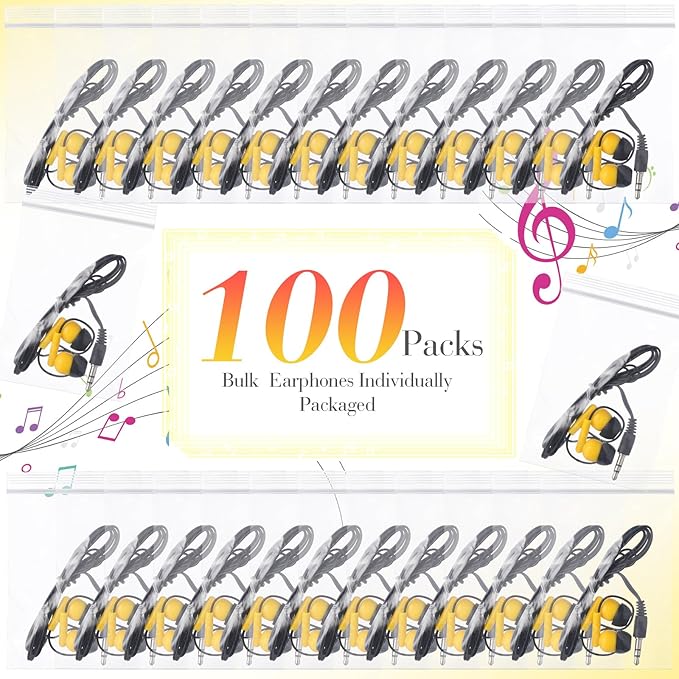 Kanayu 100 Pack Wired Earbuds Bulk for Classroom Ear Headphones Wired Basic Student Earbuds No Microphone with 3.5MM Jack for Class Laptop School Library, Individually Bagged (Yellow)