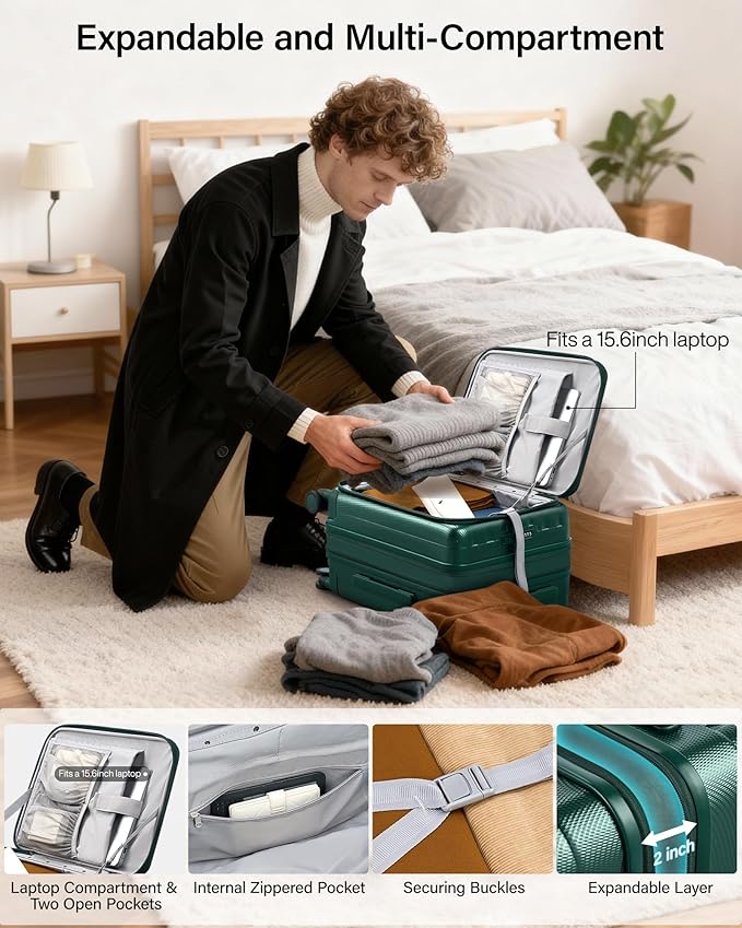 Hanke 20 Inch Expandable Carry On Luggage Airline Approved Top Opening Hard Shell Suitcases with Wheels Lightweight Travel Luggage Carry On Suitcase for Woman Men-Blackish Green