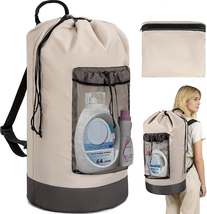 Laundry Bag Backpack with Shoulder Straps and Mesh Pocket Foldable Clothes Hamper Bag with Drawstring Closure for College, Apartment, Laundromat (Grey)