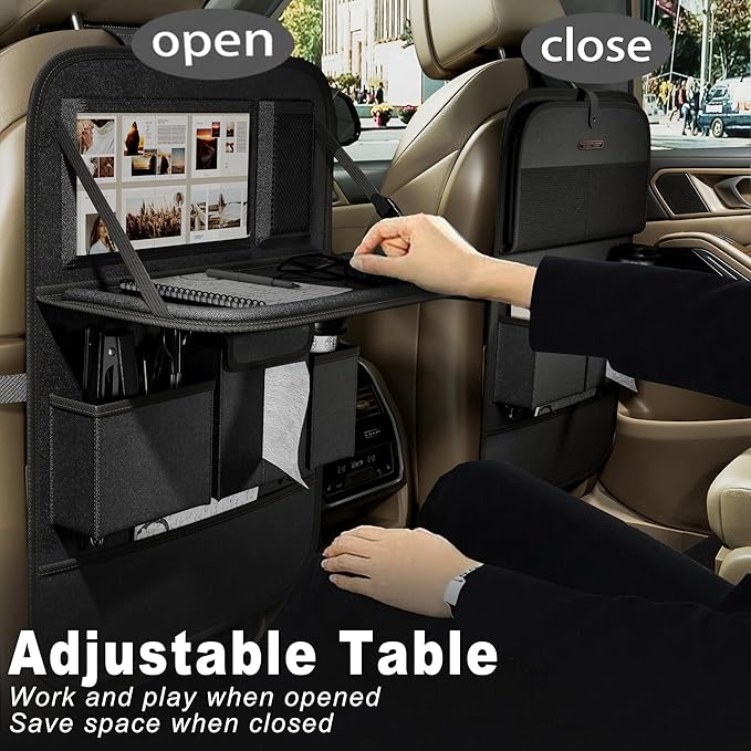 Car Seat Organizers,Multi-functional Back Seat Protectors, Storage Pouches, and Tray Holders (for Cars, Kids, Seat Back and Rear Seats) (Plain Black, 2 Pcs)