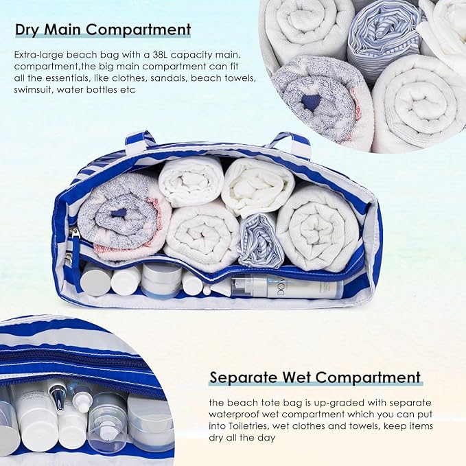 KABAQOO Extra Large Beach Bag Waterproof Sandproof Women Beach Tote with Zipper & Wet Compartment for Pool Gym Grocery Travel