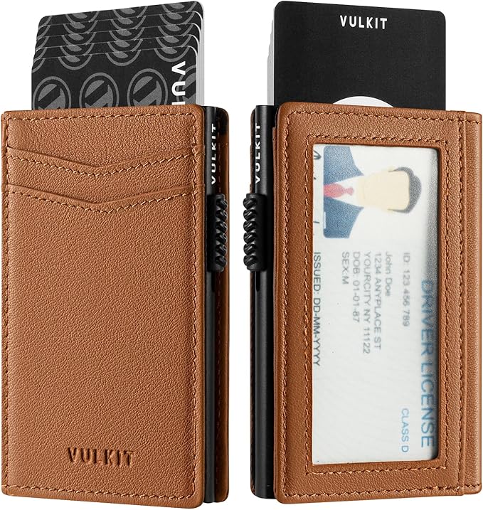 VULKIT Men's Wallet with ID Window Top Grain Leather RFID Blocking Minimalist Wallet Pop Up Card Holder Magnetic Closure