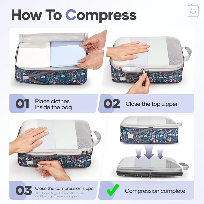 Veken 11 Set Compression Packing Cubes for Travel Essentials,Compressible Expandable Large Luggage Suitcase Organizer Bags for Clothing,Durable Space Saver Storage Bags(Dark Blue Floral)