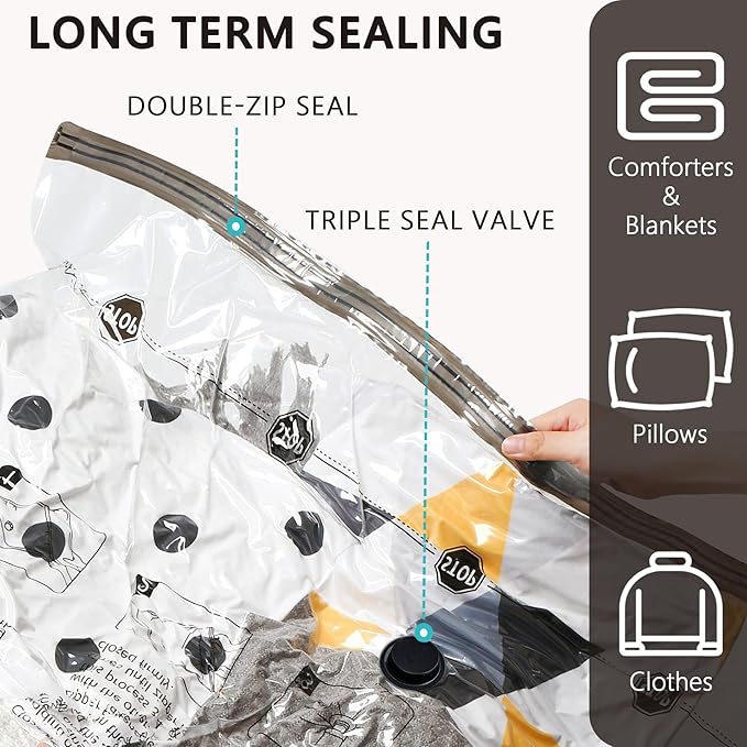 8 Large Vacuum Storage Seal Bags, Space Saver Bags with Travel Hand Pump, Compression Airtight Sealer Bags for Clothes, Bedding, Pillows, Comforters, Blankets