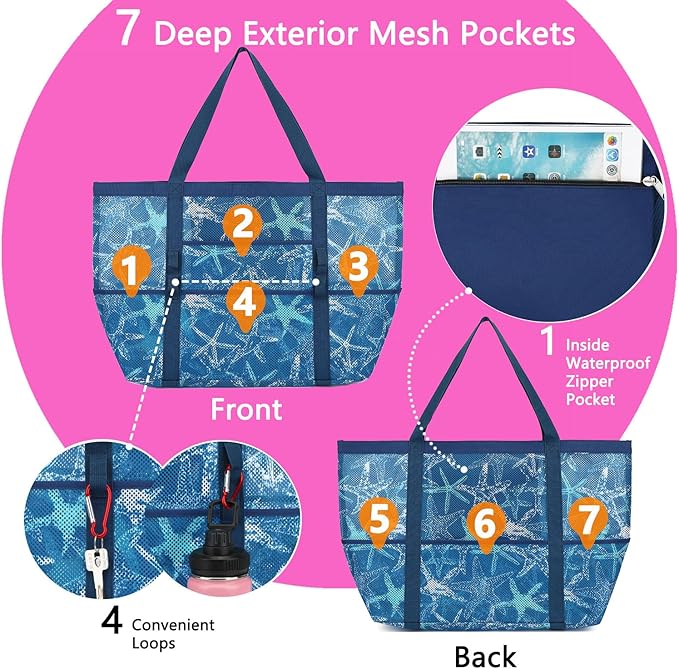 Mesh Beach Bag, Large Beach Tote with Zipper Pocket for Family Pool Bag for Toys & Vacation Essentials