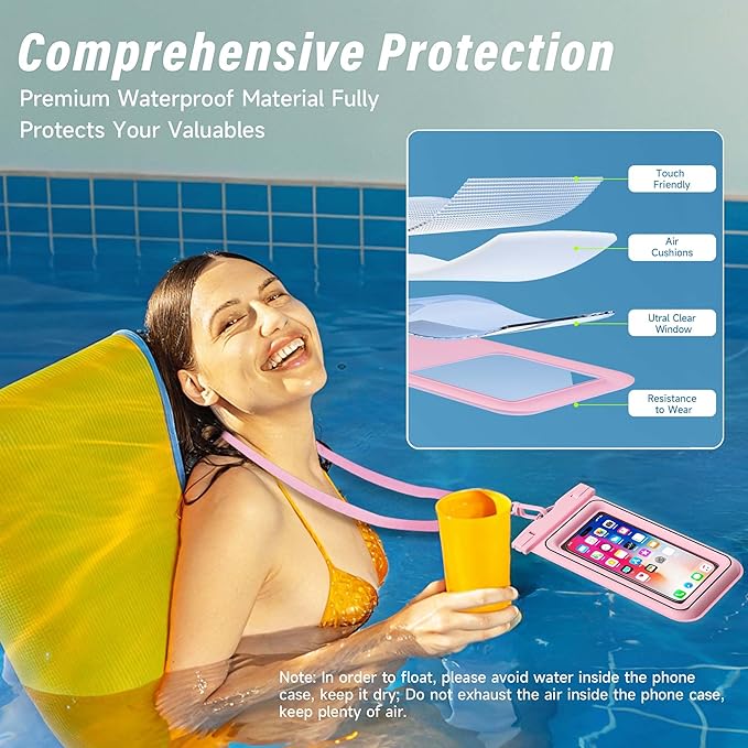 Waterproof Phone Pouch - 2 Pack IP68 Floating Waterproof Phone Case, Dry Bag Beach Cruise Ship Essentials with Adjustable Lanyard for iPhone 16 Pro Max / 15 Pro / Galaxy S24 S23 (Blue and Pink)