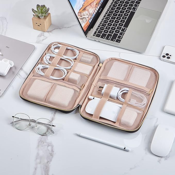 NISHEL Travel Cord Organizer Case, Tech Electronic Bag, Essentials for Charger, Cable, Phone, Hard Drive, USB, SD Card, Rosewood-Pink