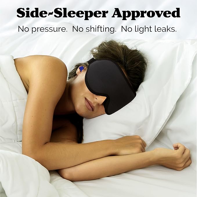 Complete Light Blocking 3D Sleep Mask – Blackout Eye Mask for Sleeping, Lash Extensions & Side Sleepers – Pressure-Free Comfort with Adjustable Strap, Travel Bag & Earplugs