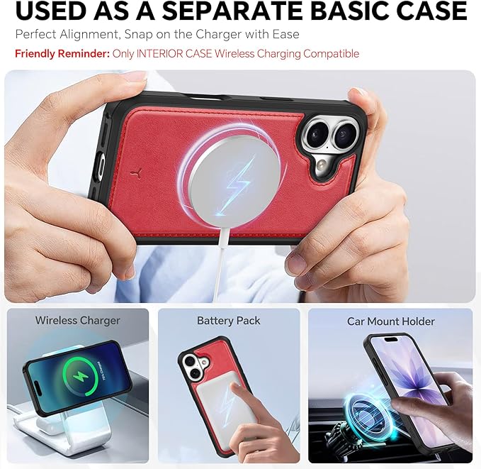 TUCCH 2-in-1 Removable Case Wallet for iPhone 17 (6.3") 2025, Detachable Wrist Strap, 4 Card Holders RFID Blocking, Wireless Charging, Stand, Magnetic, PU Leather, Shockproof Folio Cover, Red