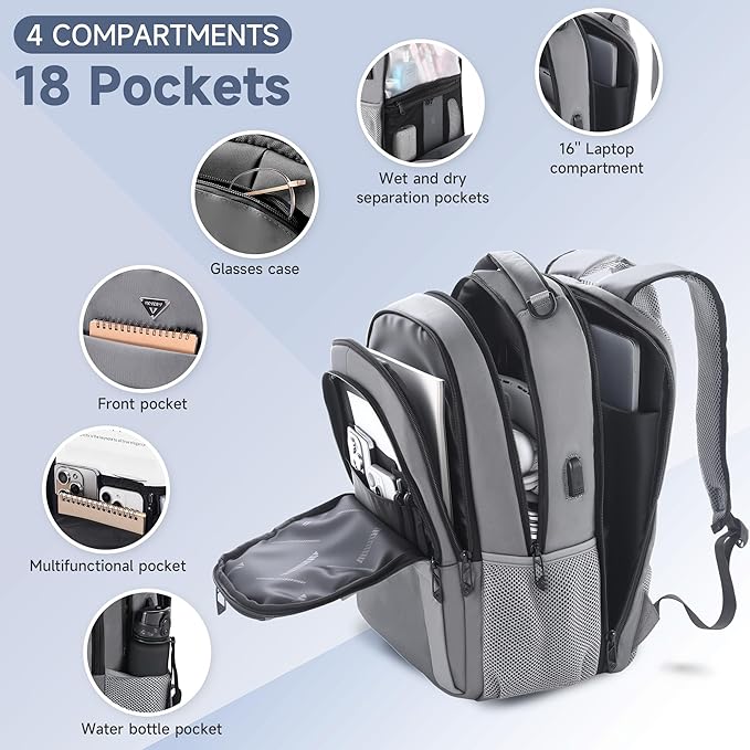 Multipocket TSA Travel Laptop Backpack for Men & Women, Anti-Theft Work Business Backpack with USB Charging Port, Airline Approved Personal Item Bag,Water-Resistant Computer Bag Fits 16 Inch Notebook