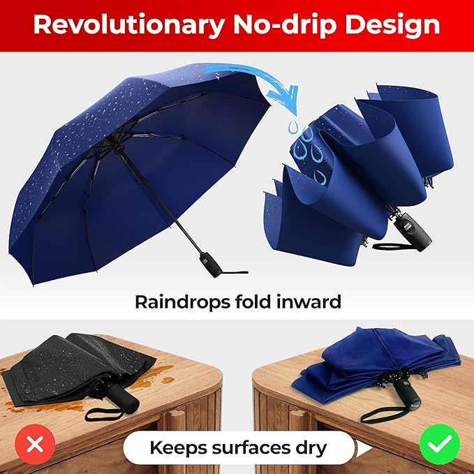 TUMELLA Flip-proof Inverted Travel Umbrella, Small Strong but Light Portable and Automatic Reverse Folding Rain Umbrella, Durable Premium Grip, Fits Car & Backpack