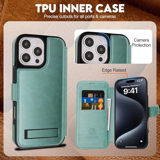CIVICASE for iPhone 16 Pro Wallet Case with Stand,PU Leather Flip Credit Card Holder Slots (RFID Blocking),Compatible with Magsafe Magnetic Holder Phone Cover Women Men,Green