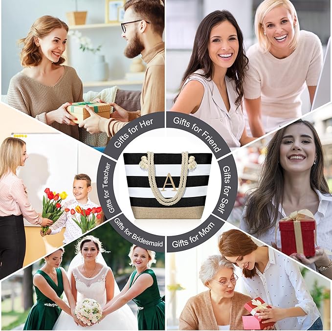 YOOLIFE Initial Canvas Waterproof Beach Tote Bag Zipper Personalized Gifts for Women Her Birthday Travel Beach Essential