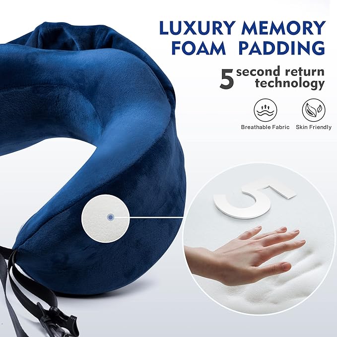 Neck Pillow with Hood - Memory Foam Neck Pillow Head Chin Support, Airplane, Car, Office & Home Sleep Rest Travel Pillows with Hood (Navy Blue, L)