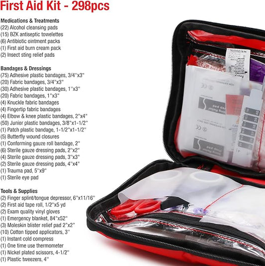 DMI 298-Piece Complete Emergency First Aid Kit, Treats Pain, Swelling, Cuts, Scrapes & Burns, Complete First Aid Guide Included, Clear Pocket Organization, Durable Zippered Travel Bag