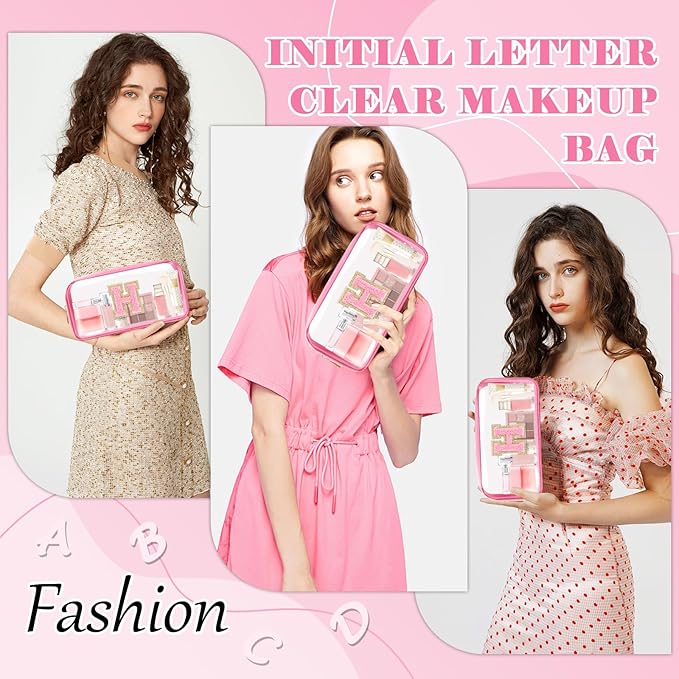 Personalized Initial Letter Clear Makeup Bag,Preppy Small Nylon&PVC Cosmetic Zipper Bag with Chenille Letter,Portable Beach Travel Skincare Toiletry Bag,Trendy Monogram Gift for Teen Girls Women,H