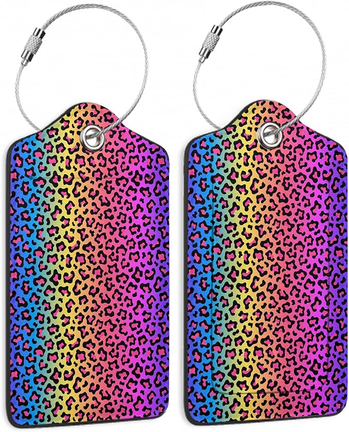2 Pack Leather Luggage Tag for Suitcase Neon Rainbow Colored Leopard Print Unique Travel Tags with Privacy Cover ID Label & Stainless Steel Loop for Men and Women Baggage