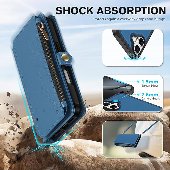 TUCCH Removable Crossbody Case Wallet for iPhone 17 (6.3-inch) 2025, Wireless Charging, RFID Blocking 9 Card Slots, Lanyard, Wrist Strap, Zipper Pocket, PU Leather, Stand Magnetic Cover, Light Blue