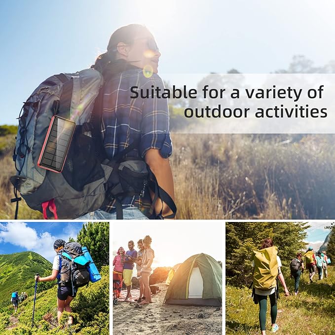 Portable Charger with Built in Cable and Wall Plug 50000mAh 22.5W Fast Charging Solar Power Bank with 5 Output & 2 Input Dual LED Flashlights Phone Holder External Battery Pack (Red)