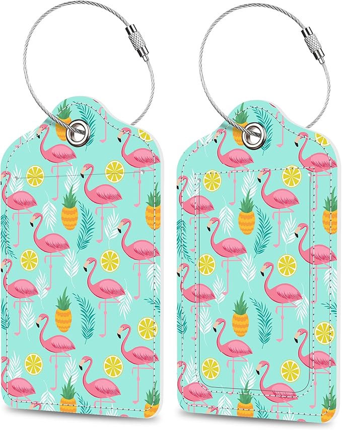 Luggage Tags for Suitcase Flamingo Pineapples and Exotic Leaves 2 PCS Leather Travel Cruise Luggage Tag with Stainless Steel Loop Name ID Label Privacy Cover for Women Men Travel Bag Labels Set